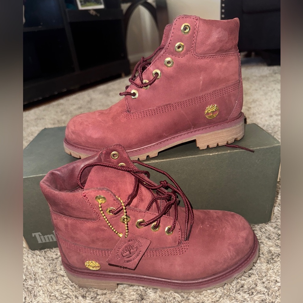 Timberland Maroon Boots with Gold Accents